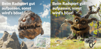 Die vier Sujets der Monster-Kampagne für mehr Sport-und Freizeitsicherheit im Bergsport, Radsport, Wassersport und beim Fußball mit einem grimmigen Stein, knorrigen Baum, böse dreinblickenden Boot und einem gruseligen Fußball.