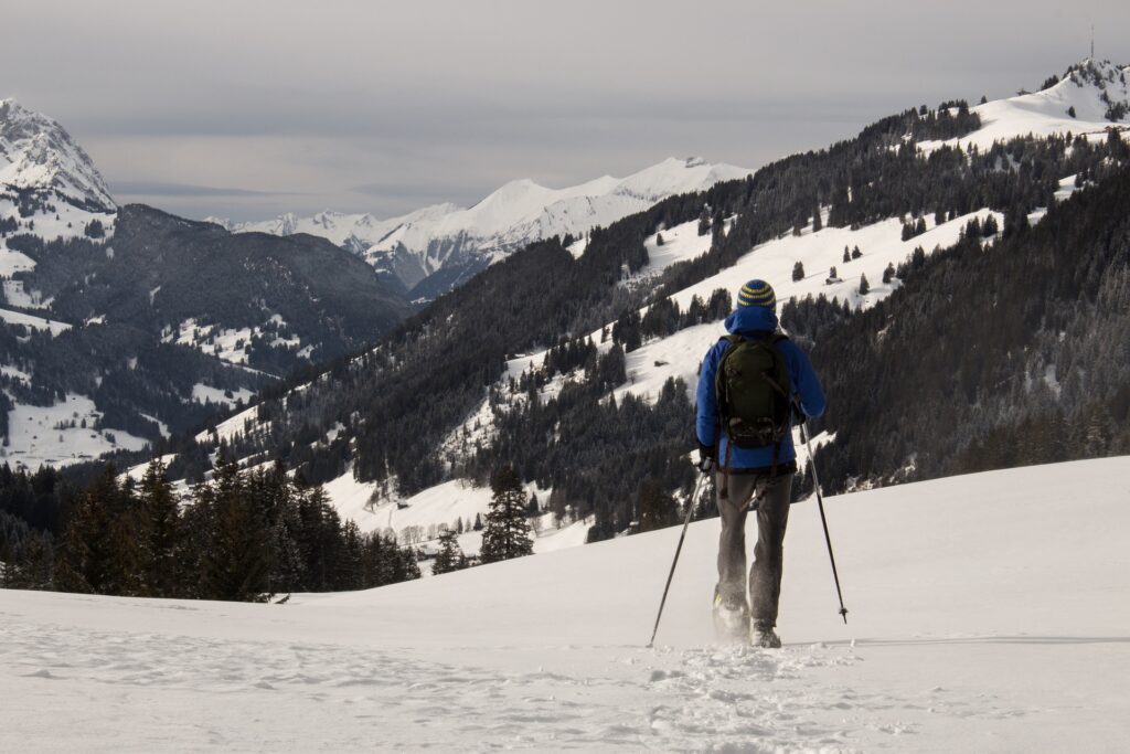 Eine Person von hinten, die im Schnee mit Ausrüstung wandert und auf verschneite Berge und Wälder blickt.