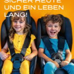 Zwei KI-generierte Kinder in einem Kindersitz, die lachen. Der Bildtext: "Tätigkeitsbericht 2024. Sicher heute und ein Leben lang! www.kfv.at"