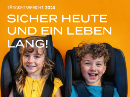 Zwei KI-generierte Kinder in einem Kindersitz, die lachen. Der Bildtext: "Tätigkeitsbericht 2024. Sicher heute und ein Leben lang! www.kfv.at"