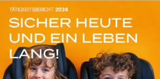 Zwei KI-generierte Kinder in einem Kindersitz, die lachen. Der Bildtext: "Tätigkeitsbericht 2024. Sicher heute und ein Leben lang! www.kfv.at"